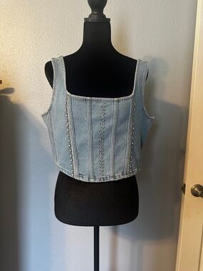 POL Denim Embellished Crop Top